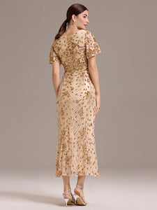 Color=Gold | Strapless Deep V-Neck Fishtail Paillette Midi Evening Dresses- 17