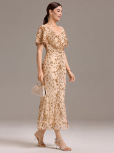 Load image into Gallery viewer, Color=Gold | Strapless Deep V-Neck Fishtail Paillette Midi Evening Dresses- 19