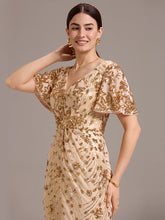 Load image into Gallery viewer, Color=Gold | Strapless Deep V-Neck Fishtail Paillette Midi Evening Dresses- 18