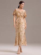 Load image into Gallery viewer, Color=Gold | Strapless Deep V-Neck Fishtail Paillette Midi Evening Dresses- 16