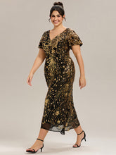 Load image into Gallery viewer, Color=Black Gold | Plus Size Strapless Deep V-Neck Fishtail Paillette Midi Evening Dresses-Black Gold 19