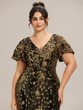 Load image into Gallery viewer, Color=Black Gold | Plus Size Strapless Deep V-Neck Fishtail Paillette Midi Evening Dresses-Black Gold 20