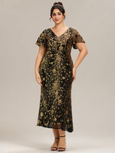 Load image into Gallery viewer, Color=Black Gold | Plus Size Strapless Deep V-Neck Fishtail Paillette Midi Evening Dresses-Black Gold 16