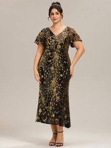 Color=Black Gold | Plus Size Strapless Deep V-Neck Fishtail Paillette Midi Evening Dresses-Black Gold 16