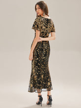 Load image into Gallery viewer, Color=Black Gold | Strapless Deep V-Neck Fishtail Paillette Midi Evening Dresses- 7
