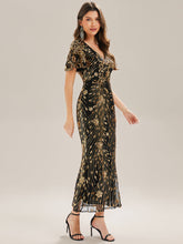 Load image into Gallery viewer, Color=Black Gold | Strapless Deep V-Neck Fishtail Paillette Midi Evening Dresses- 9