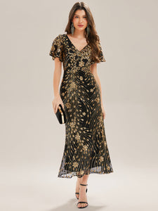 Color=Black Gold | Strapless Deep V-Neck Fishtail Paillette Midi Evening Dresses- 10
