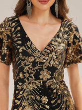Load image into Gallery viewer, Color=Black Gold | Strapless Deep V-Neck Fishtail Paillette Midi Evening Dresses- 8
