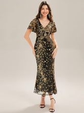 Load image into Gallery viewer, Color=Black Gold | Strapless Deep V-Neck Fishtail Paillette Midi Evening Dresses- 6
