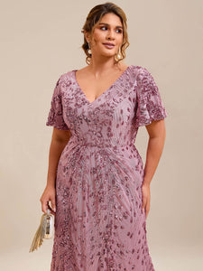 Color=Purple Orchid | Plus Size Strapless Deep V-Neck Fishtail Paillette Midi Evening Dresses-Purple Orchid 5