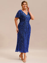 Load image into Gallery viewer, Color=Sapphire Blue | Plus Size Strapless Deep V-Neck Fishtail Paillette Midi Evening Dresses-Sapphire Blue 23