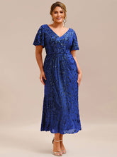 Load image into Gallery viewer, Color=Sapphire Blue | Plus Size Strapless Deep V-Neck Fishtail Paillette Midi Evening Dresses-Sapphire Blue 24