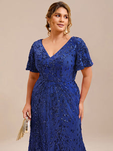 Color=Sapphire Blue | Plus Size Strapless Deep V-Neck Fishtail Paillette Midi Evening Dresses-Sapphire Blue 25