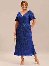 Load image into Gallery viewer, Color=Sapphire Blue | Plus Size Strapless Deep V-Neck Fishtail Paillette Midi Evening Dresses-Sapphire Blue 21
