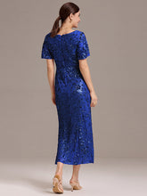 Load image into Gallery viewer, Color=Sapphire Blue | Strapless Deep V-Neck Fishtail Paillette Midi Evening Dresses- 22