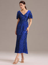 Load image into Gallery viewer, Color=Sapphire Blue | Strapless Deep V-Neck Fishtail Paillette Midi Evening Dresses- 24