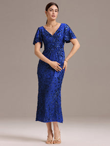 Color=Sapphire Blue | Strapless Deep V-Neck Fishtail Paillette Midi Evening Dresses- 25