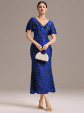 Load image into Gallery viewer, Color=Sapphire Blue | Strapless Deep V-Neck Fishtail Paillette Midi Evening Dresses- 21