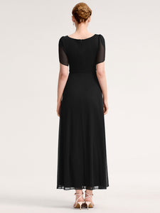 Color=Black | Wholesale Bulk order Split Evening Chiffon Dress with Bead or hot drill decoration-Black 2