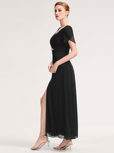 Color=Black | Wholesale Bulk order Split Evening Chiffon Dress with Bead or hot drill decoration-Black 4