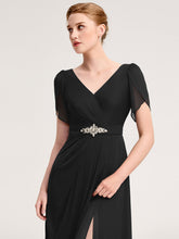 Load image into Gallery viewer, Color=Black | Wholesale Bulk order Split Evening Chiffon Dress with Bead or hot drill decoration-Black 5