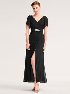 Color=Black | Wholesale Bulk order Split Evening Chiffon Dress with Bead or hot drill decoration-Black 1