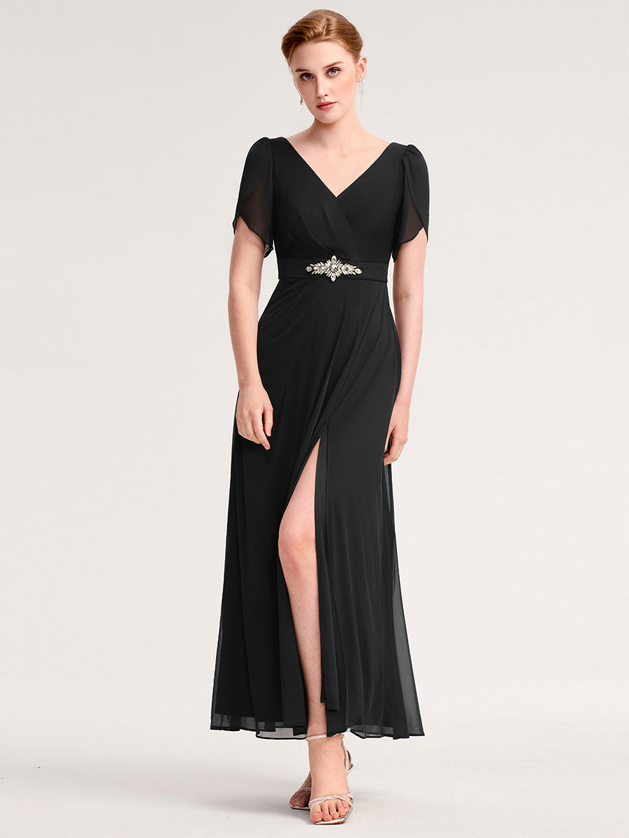 Color=Black | Wholesale Bulk order Split Evening Chiffon Dress with Bead or hot drill decoration-Black 1