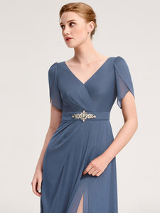 Color=Dusty Blue | Wholesale Bulk order Split Evening Chiffon Dress with Bead or hot drill decoration-Dusty Blue 10