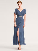 Load image into Gallery viewer, Color=Dusty Blue | Wholesale Bulk order Split Evening Chiffon Dress with Bead or hot drill decoration-Dusty Blue 6