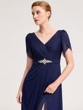 Load image into Gallery viewer, Color=Navy Blue | Wholesale Bulk order Split Evening Chiffon Dress with Bead or hot drill decoration-Navy Blue 15