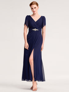 Color=Navy Blue | Wholesale Bulk order Split Evening Chiffon Dress with Bead or hot drill decoration-Navy Blue 11