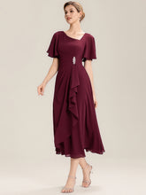 Load image into Gallery viewer, Color=Burgundy | Bulk Order Short Sleeve Ruffle Asymmetrical A-Line Midi Evening Dresses-Burgundy 4