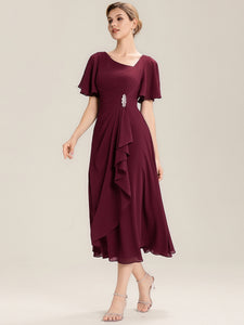 Color=Burgundy | Bulk Order Short Sleeve Ruffle Asymmetrical A-Line Midi Evening Dresses-Burgundy 4