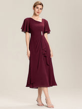 Load image into Gallery viewer, Color=Burgundy | Bulk Order Short Sleeve Ruffle Asymmetrical A-Line Midi Evening Dresses-Burgundy 5