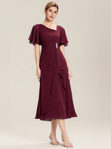 Color=Burgundy | Bulk Order Short Sleeve Ruffle Asymmetrical A-Line Midi Evening Dresses-Burgundy 5