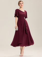 Load image into Gallery viewer, Color=Burgundy | Bulk Order Short Sleeve Ruffle Asymmetrical A-Line Midi Evening Dresses-Burgundy 1