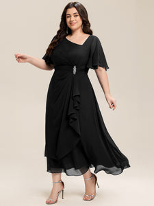 Color=Black | Bulk Order Short Sleeve Ruffle Asymmetrical A-Line Midi Evening Dresses-Black 19