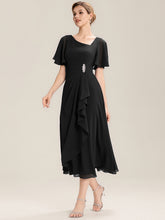 Load image into Gallery viewer, Color=Black | Bulk Order Short Sleeve Ruffle Asymmetrical A-Line Midi Evening Dresses-Black 14