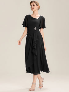 Color=Black | Bulk Order Short Sleeve Ruffle Asymmetrical A-Line Midi Evening Dresses-Black 14
