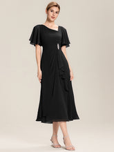 Load image into Gallery viewer, Color=Black | Bulk Order Short Sleeve Ruffle Asymmetrical A-Line Midi Evening Dresses-Black 15