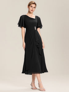 Color=Black | Bulk Order Short Sleeve Ruffle Asymmetrical A-Line Midi Evening Dresses-Black 15