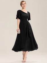 Load image into Gallery viewer, Color=Black | Bulk Order Short Sleeve Ruffle Asymmetrical A-Line Midi Evening Dresses-Black 11