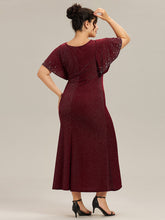 Load image into Gallery viewer, Color=Burgundy | One Stop Shop Plus Size Short Sleeve Ruffle Beaded Fishtail Maxi Evening Dresses-Burgundy 2