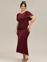 Load image into Gallery viewer, Color=Burgundy | One Stop Shop Plus Size Short Sleeve Ruffle Beaded Fishtail Maxi Evening Dresses-Burgundy 4