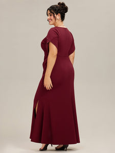 Color=Burgundy | Commercial Wholesale Short Sleeve Fishtail Deep V-Neck Thigh-High Slit Evening Dresses-Burgundy 7