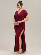 Load image into Gallery viewer, Color=Burgundy | Commercial Wholesale Short Sleeve Fishtail Deep V-Neck Thigh-High Slit Evening Dresses-Burgundy 9