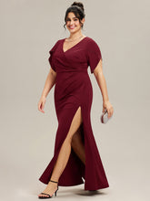 Load image into Gallery viewer, Color=Burgundy | Commercial Wholesale Short Sleeve Fishtail Deep V-Neck Thigh-High Slit Evening Dresses-Burgundy 10
