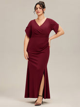 Load image into Gallery viewer, Color=Burgundy | Commercial Wholesale Short Sleeve Fishtail Deep V-Neck Thigh-High Slit Evening Dresses-Burgundy 6