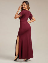Load image into Gallery viewer, Color=Burgundy | Commercial Wholesale Short Sleeve Fishtail Deep V-Neck Thigh-High Slit Evening Dresses-Burgundy 2