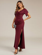 Load image into Gallery viewer, Color=Burgundy | Commercial Wholesale Short Sleeve Fishtail Deep V-Neck Thigh-High Slit Evening Dresses-Burgundy 4